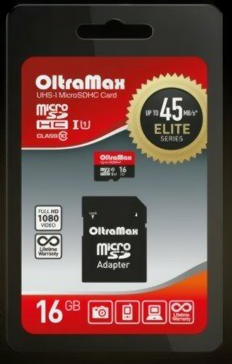 Карта памяти OltraMax 16GB microSDHC Class 10 UHS-1 Elite с адаптером SD