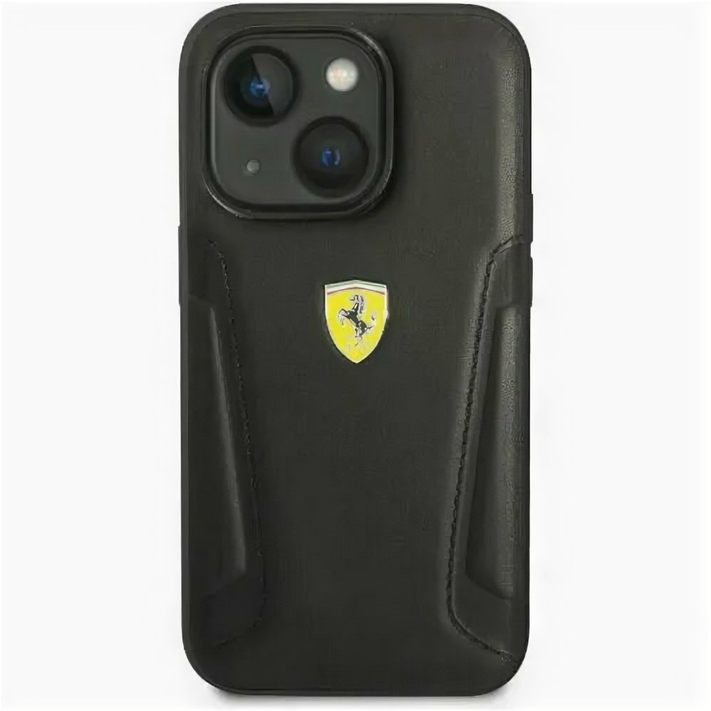 Кожаный чехол для iPhone 14 Ferrari Stamped sides Hard MagSafe Black (FEHMP14SRBUK)
