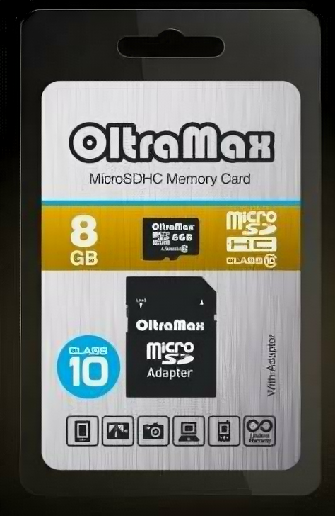 Карта памяти OLTRAMAX MicroSDHC 8GB Class10 + адаптер, черный
