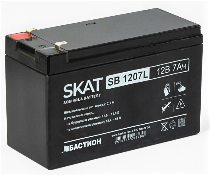 Бастион SKAT SB 1207L 2534 SKAT SB 1207L 12В 7Ач максимальный ток заряда 21 А. Тип клеммы — F1 нож. Размер корпуса — 66х151х100. Вес — 16 кг. Срок службы — 6 лет. Гарантия - 18 месяцев. SKAT SB 1207L