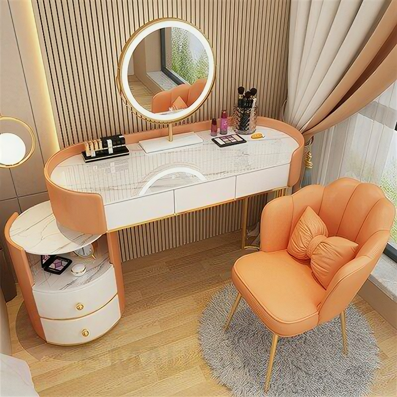 Туалетный столик 120 см овальный с мраморной столешницей, тумбой, зеркалом и стулом (оранжевый столик + тумба + умное зеркало + оранжевый стул) - фотография № 1