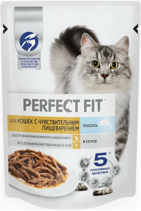 фото Perfect Fit Влажный корм для кошек с чувствительным пищеварением, с лососем в соусе, 75г 1023776910245344, 0,075 кг (10 шт)