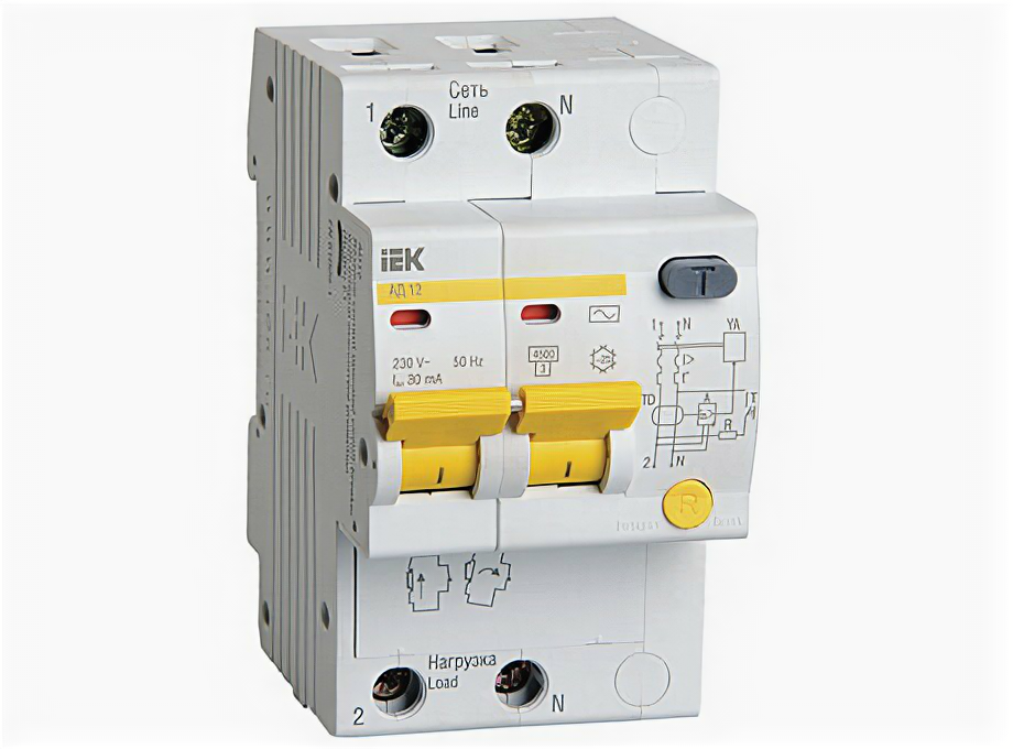 Дифференциальный автоматический выключатель АД12 2 полюса, 25А, Тип AC, х-ка C, 30мА | код. MAD10-2-025-C-030 | IEK ( 1шт. )