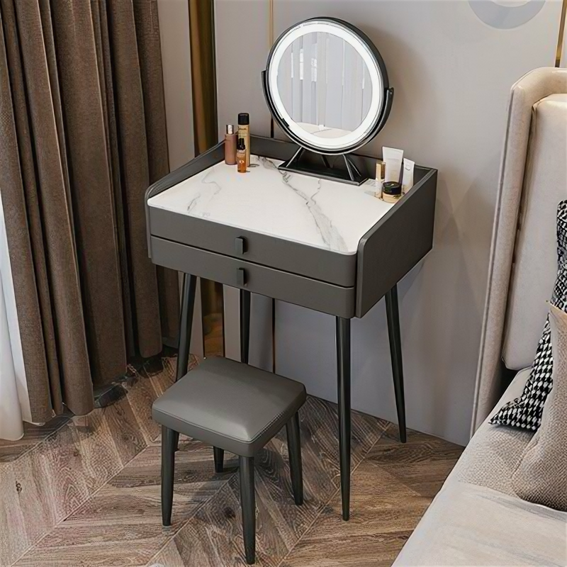 Небольшой туалетный столик 50 см из дерева с керамической столешницей, зеркалом и табуретом (тёмно-серый столик + умное зеркало - без табурета) - фотография № 1