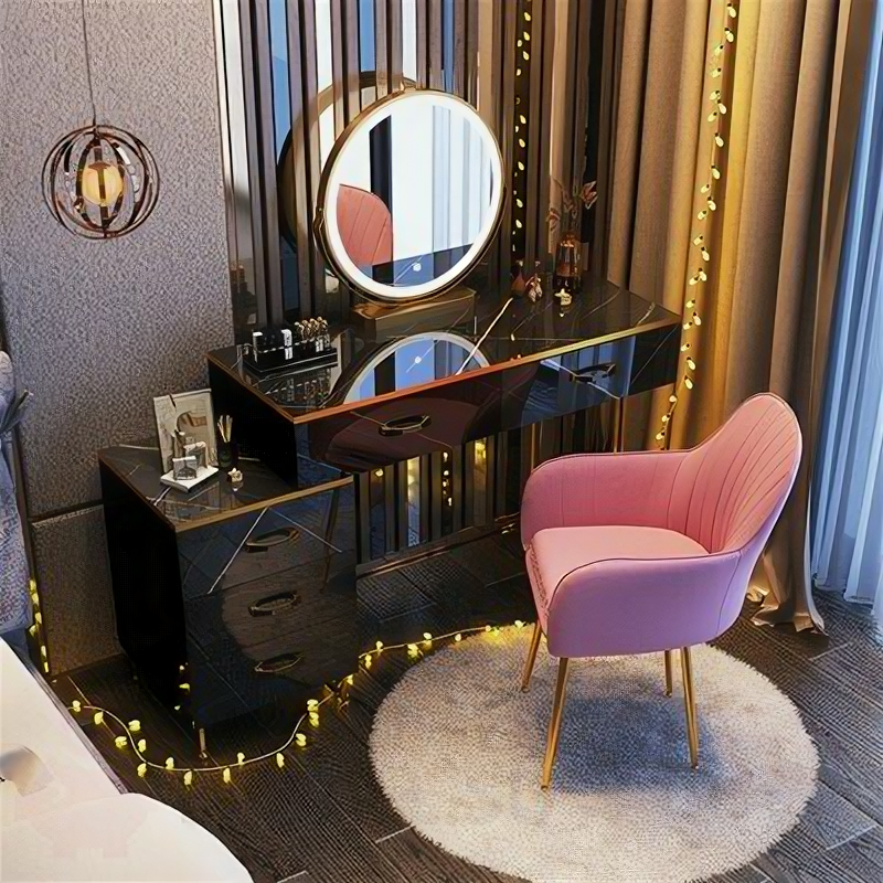 Туалетный столик 100 см черного цвета с рисунком под мрамор, тумбой и зеркалом (столик + тумба + умное зеркало + розовый стул)