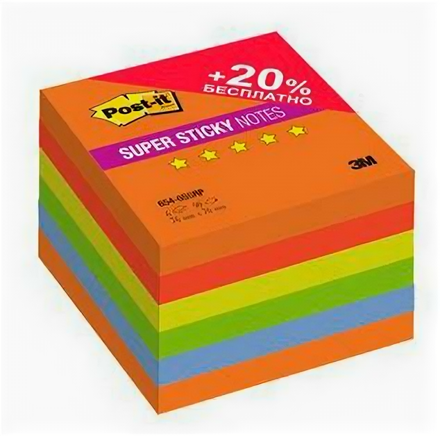 Блок самоклеящийся бумажный 3M Post-it Super Sticky 654-6SSRP Огонь Плюс 7100091463 76x76мм 90лист. ассорти 5цв.в упак. (упак.:6шт)