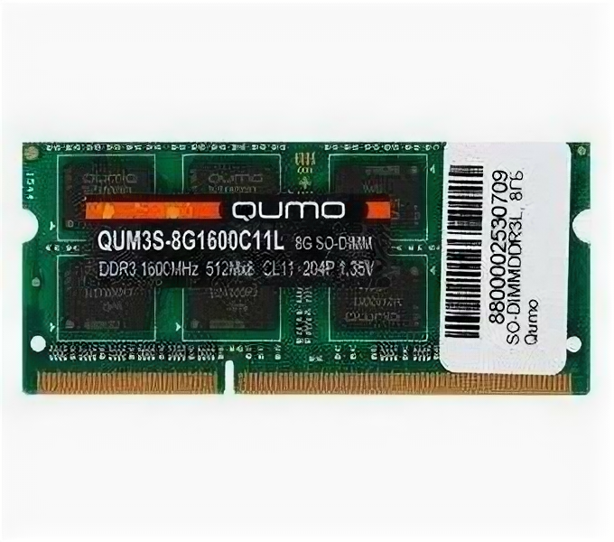 Оперативная память для ноутбука 8Gb (1x8Gb) PC3-12800 1600MHz DDR3L SO-DIMM CL11 QUMO QUM3S-8G1600C11L