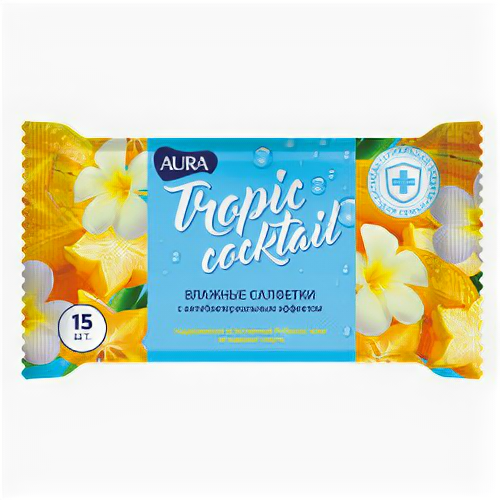 Влажные салфетки универсальные AURA Tropic cocktail 15шт с антибактериальным эффектом