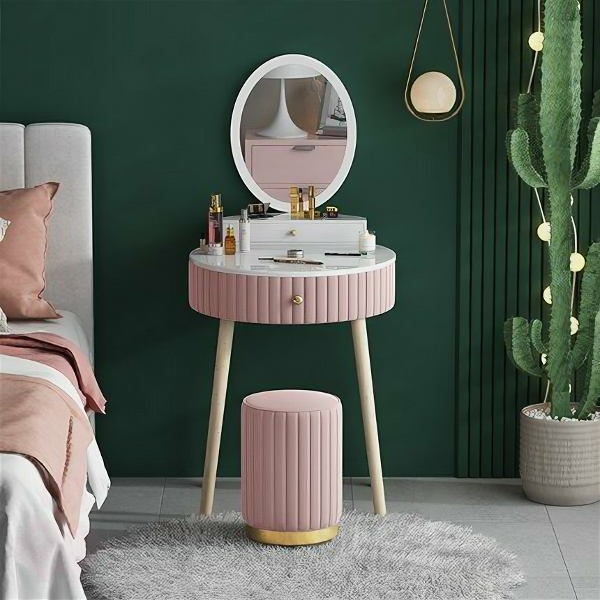 Компактный круглый туалетный столик 60 см с зеркалом и пуфиком (розовый 60 см + умное зеркало + табурет) - фотография № 1