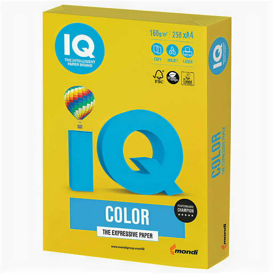 Бумага IQ color, А4, 160 г/м2, 250 л., интенсив, ярко-желтая, IG50