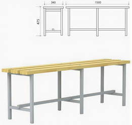 Скамья для раздевалок, 1500×340×475 мм, каркас металлический серый, сиденье дерево