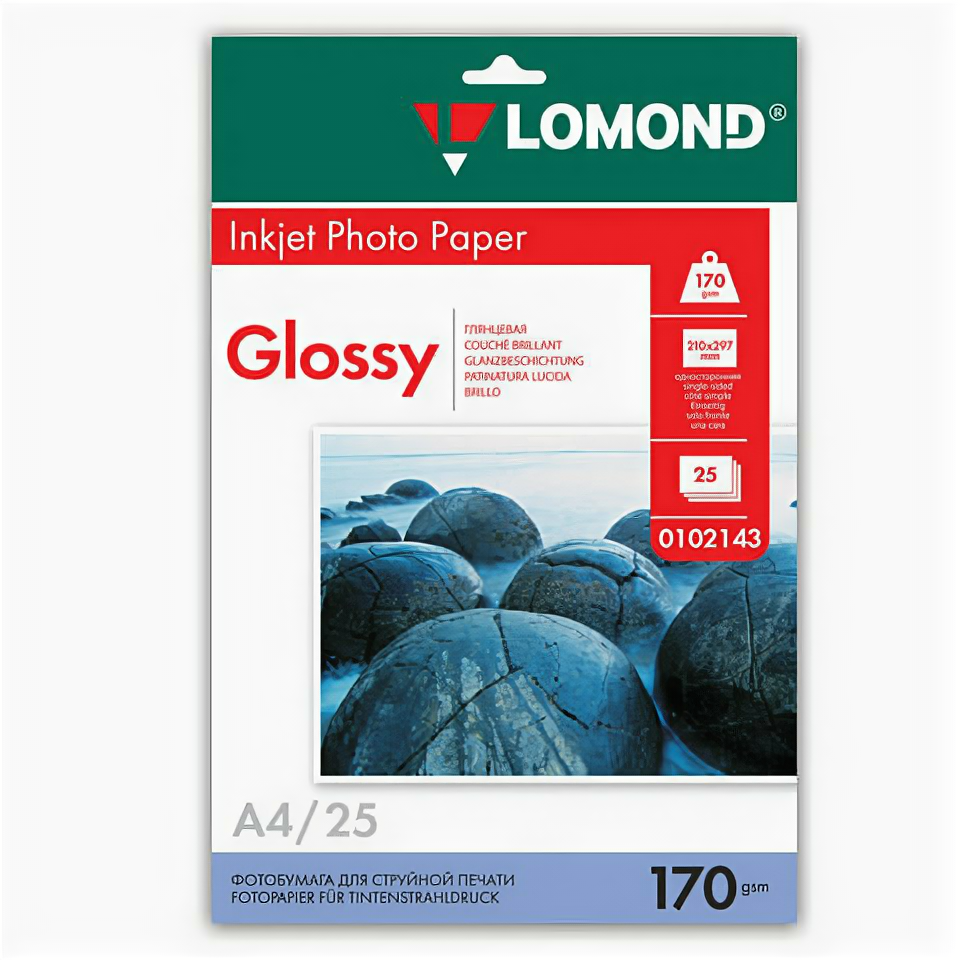 Фотобумага LOMOND для струйной печати, А4, 170 г/м2, 25 листов, односторонняя глянцевая, LOMOND, 0102143