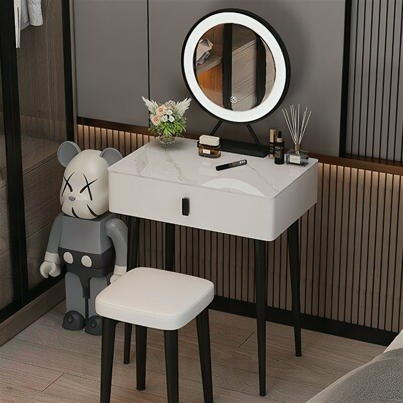 Компактный туалетный столик 40 см обитый кожей с табуретом и зеркалом с подсветкой (белый столик - без табурета и зеркала) - фотография № 1