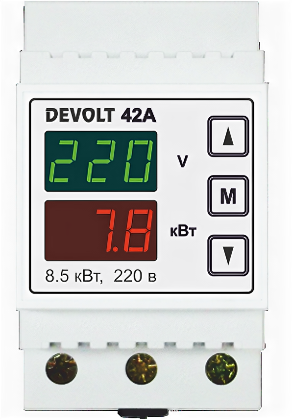 Реле напряжения и контроль нагрузки 42А DEVOLT, 8,5кВт, 40А, 2 индикатора