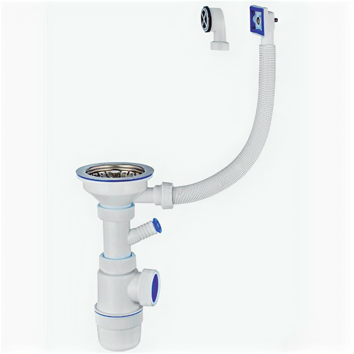 фото Сифон с отводом ВИР Пласт "эконом" 30987109 3-1/2 дюйма х 40 с универсальным переливом