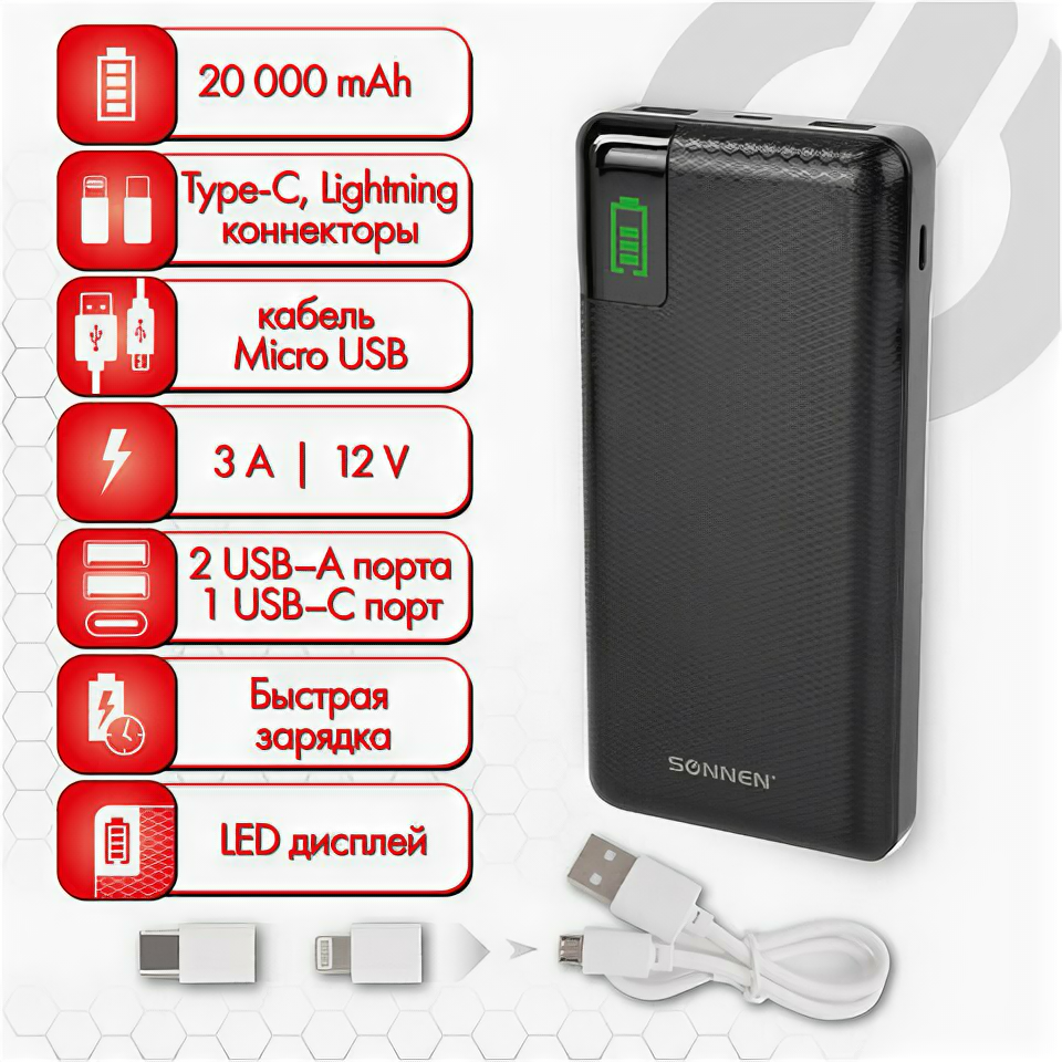 Аккумулятор внешний 20000 mAh SONNEN POWERBANK Q60P быстрая зарядка, комплект 2 шт., 2USB, литий-полимерный, 263033