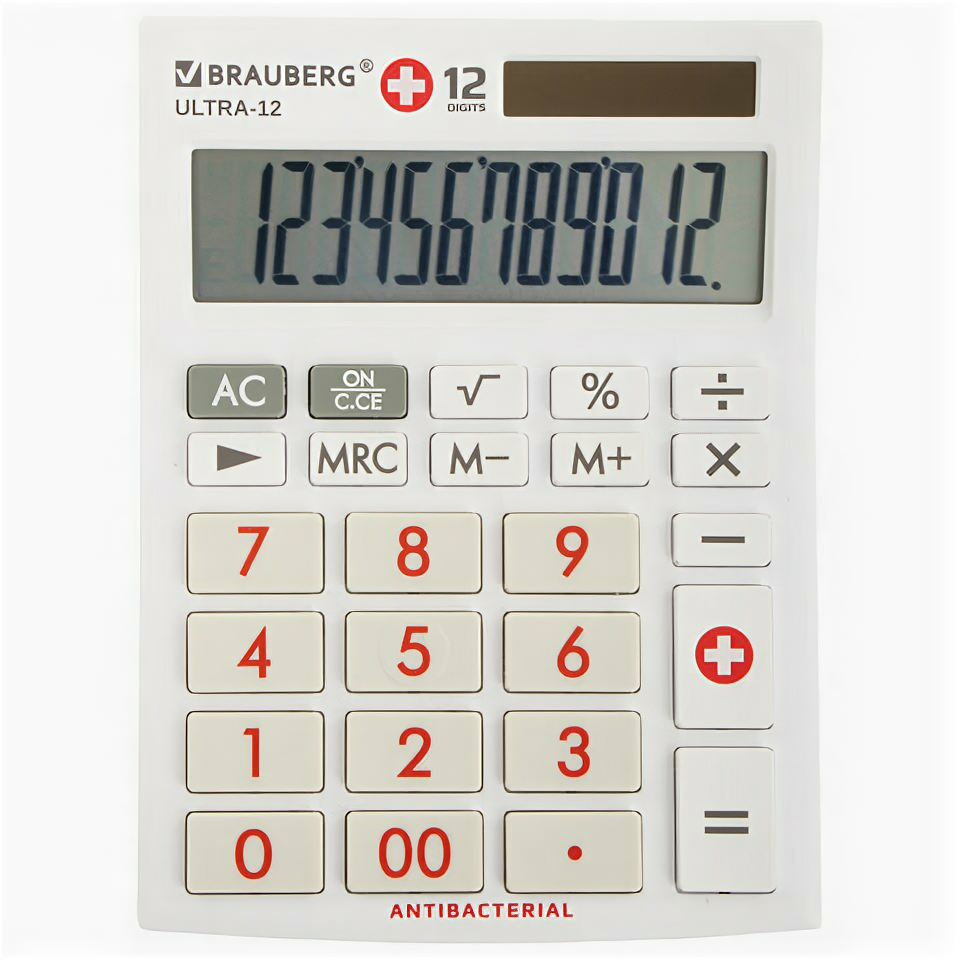 Калькулятор настольный BRAUBERG ULTRA-12-WAB (192x143 мм), комплект 2 шт., 12 разрядов, двойное питание, антибактериальное покрытие, белый, 250506