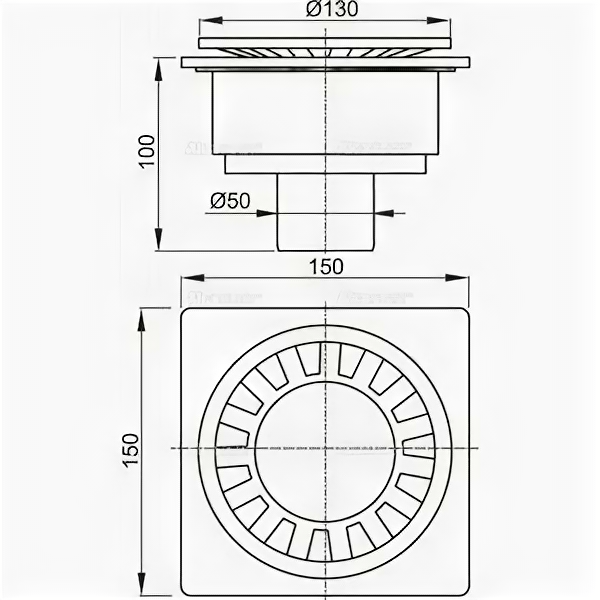 Душевой трап AlcaPlast 150х150/50 подводка прямая, гидрозатвор мокрый (APV16) - фотография № 2