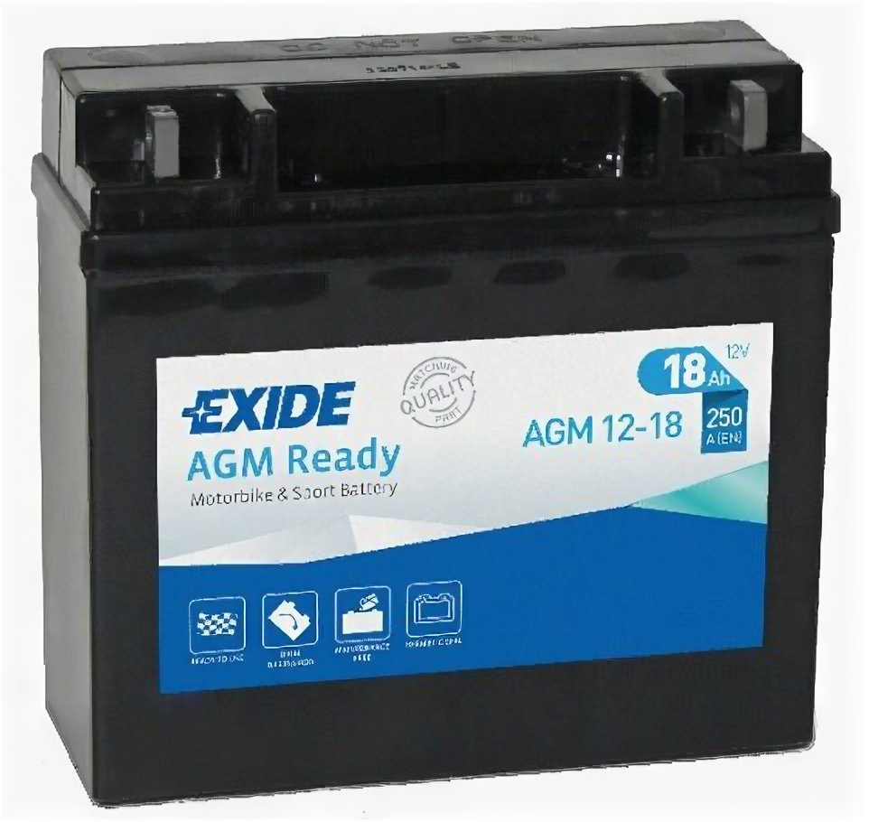 Аккумулятор для мотоцикла и скутера Exide AGM12-18 18 А/ч 250 А обр. пол. залит/заряжен (181х77х167) 51814 YT19BL-BS