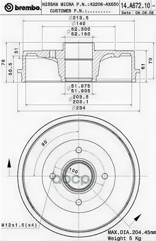 14.A672.10_барабан Тормозной! Nissan Micra/Note 03> Brembo арт. 14.A672.10