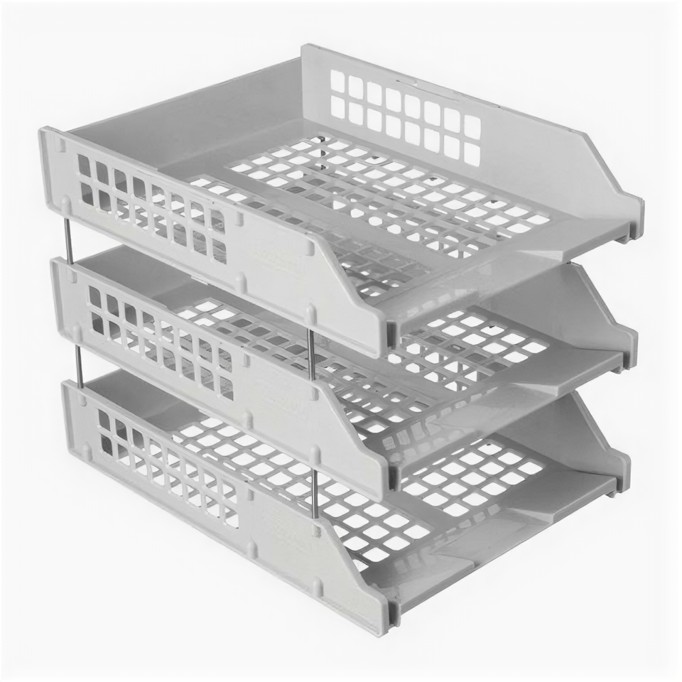 Лотки горизонтальные для бумаг, набор 3 шт. (340х260х240 мм), на металлических стержнях, серые, СТАММ "Strong", ЛТ111