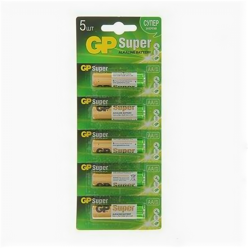 Батарейка алкалиновая GP Super, AA, LR6-5BL, 1.5В, отрывной блистер, 5 шт. GP 1528606