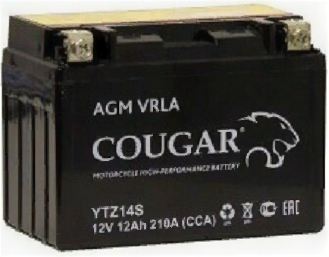 Аккумулятор для мотоцикла и скутера Cougar AGM VRLA 12V 12 А/ч 210 А прям. пол. залит/заряжен YTZ14S (150х87х110)