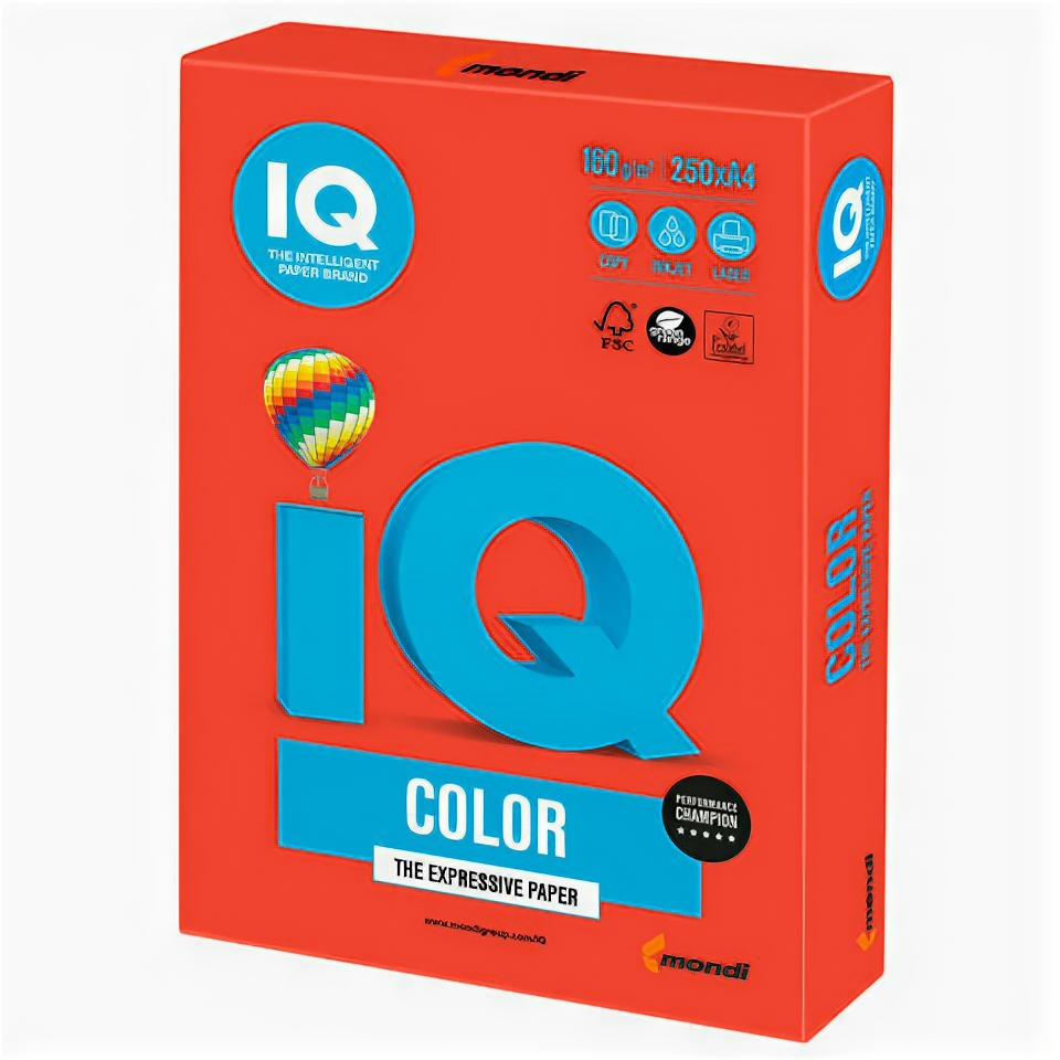 Бумага IQ color, А4, 160 г/м2, 250 л., интенсив кораллово-красная