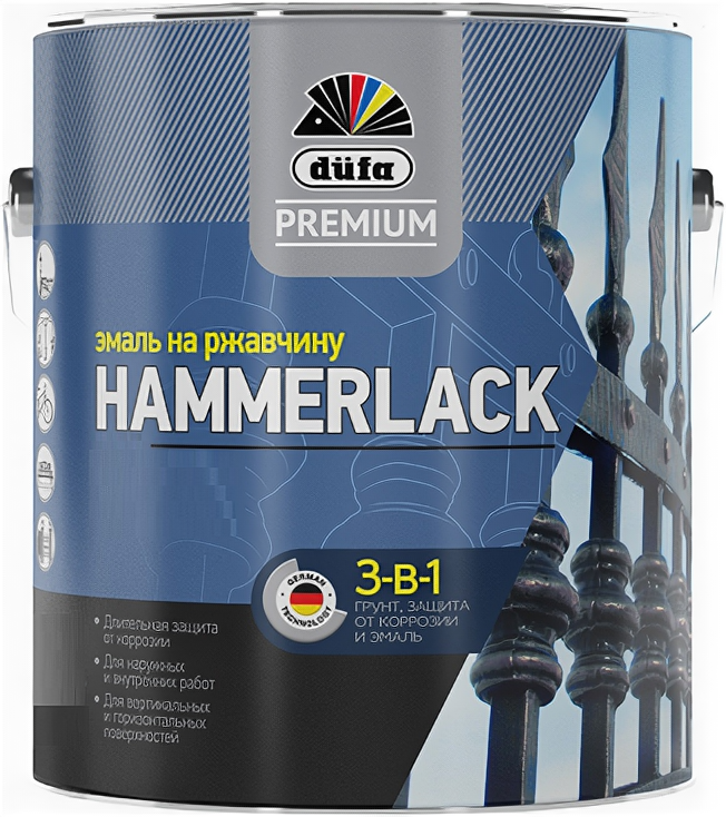 Эмаль на ржавчину Dufa Premium Hammerlack 3-в-1 гладкая RAL 9005 черная 075 л.