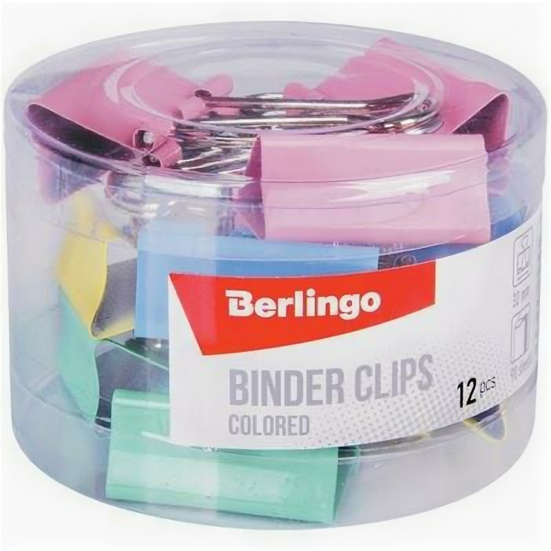 Набор зажимов для бумаг 32мм, 12 штук Berlingo, цветные, в пластиковом тубусе Berlingo 4144556 .