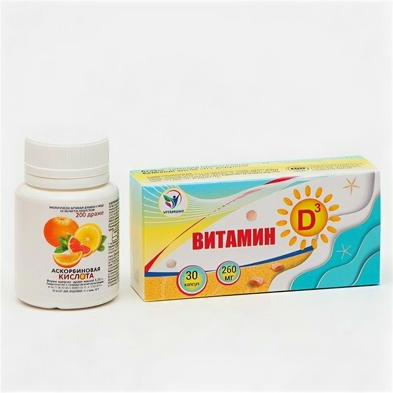 Набор витаминов Vitamuno Аскорбиновая кислота для взрослых 200 драже 250 мг + Витамин D3 для взрослых и детей 30 капсул 260 мг