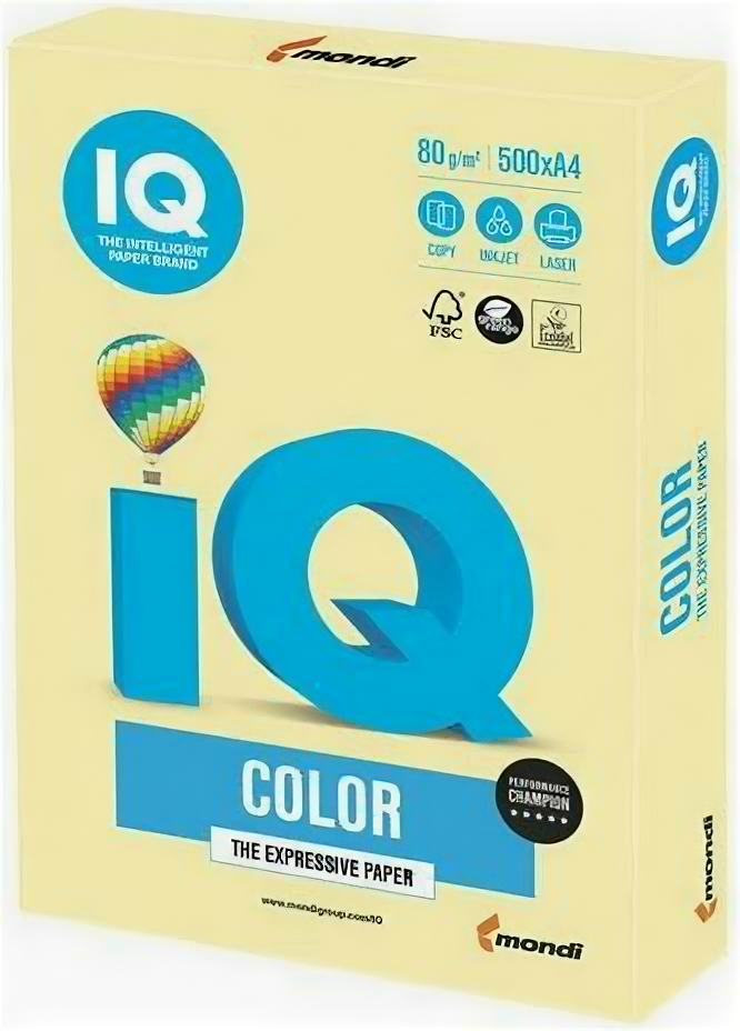 Бумага IQ color, А4, 80 г/м2, 500 л., пастель, желтая, YE23