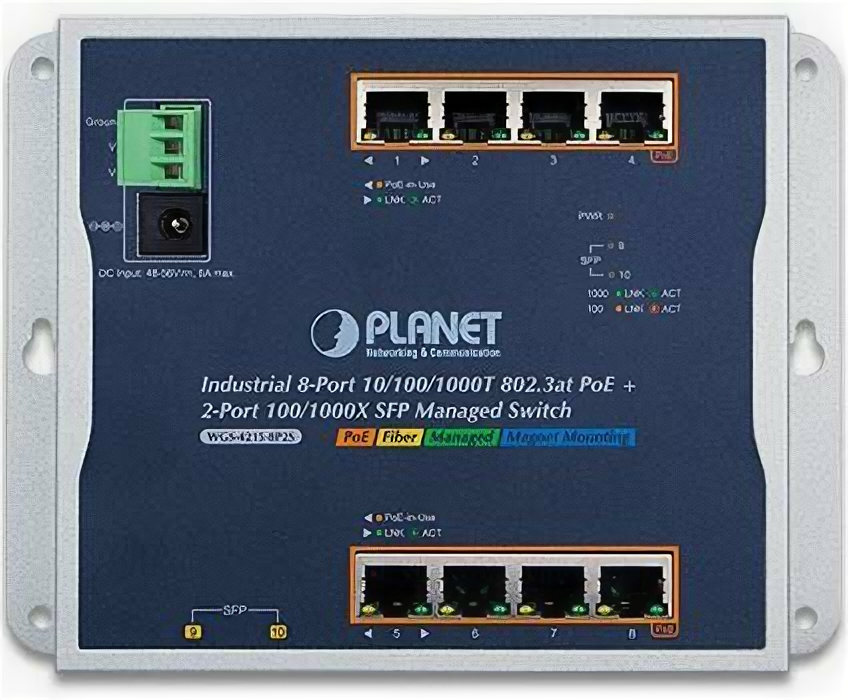 IP30 IPv6/IPv4 8-Port 1000T 802.3at PoE + 2-Port 100/1000X SFP Wall-mount Managed Ethernet Switch (-40 to 75 C dual power input on 48-56VDC termina