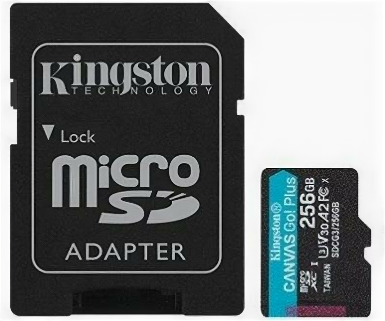 Флеш карта microSDXC 256Gb Kingston, UHS-II Class U3 V30 A2, чтение: 170Мб/с, запись: 90Мб/с, с адаптером