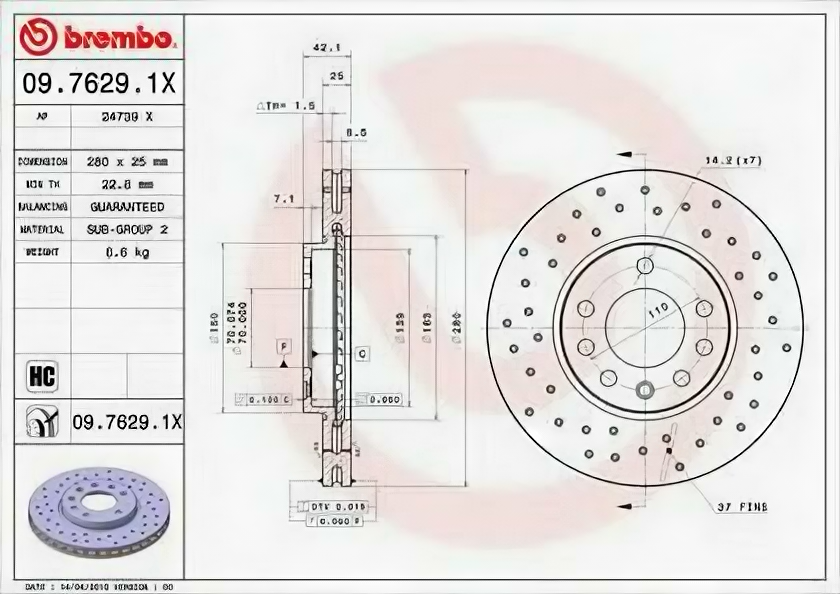 Тормозной диск передний brembo 09.7629.1X