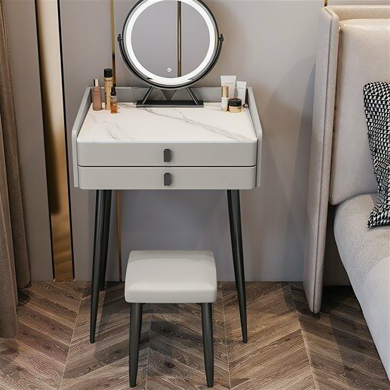 Небольшой туалетный столик 50 см из дерева с керамической столешницей, зеркалом и табуретом (светло-серый столик - без зеркала - без табурета) - фотография № 1