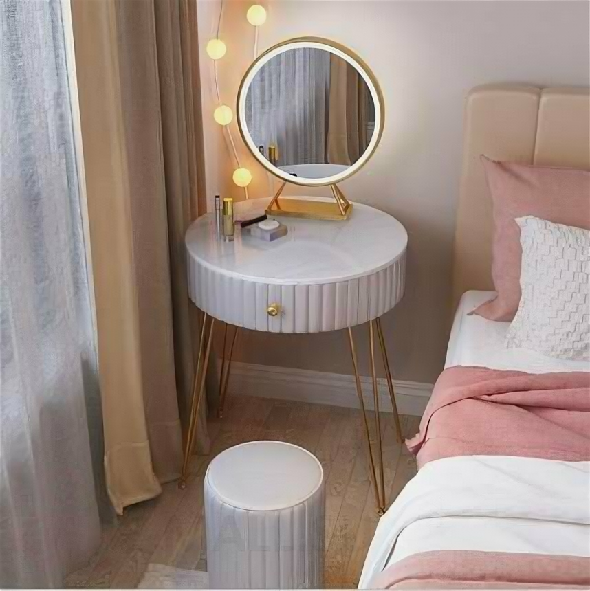 Компактный круглый туалетный столик 60 см с зеркалом и пуфиком (серый 60 см + мраморная столешница + зеркало + табурет) - фотография № 1