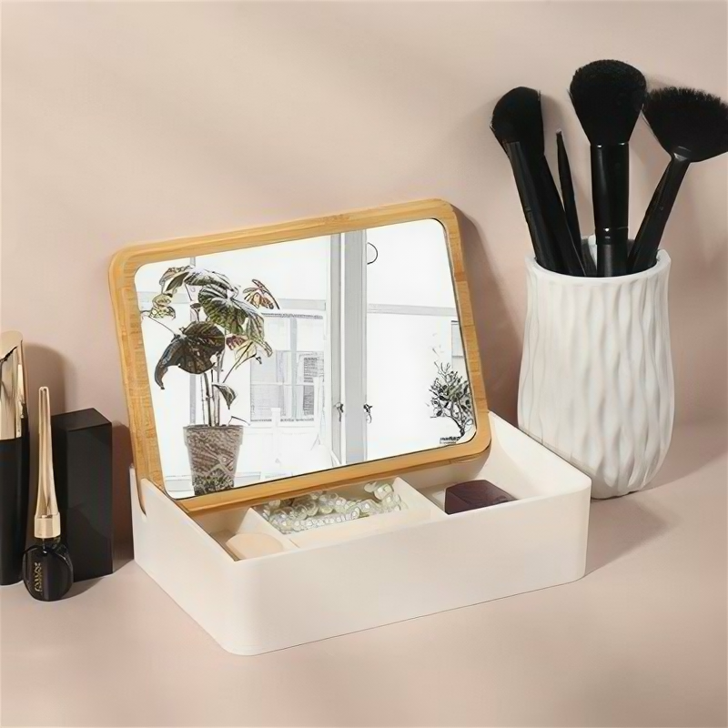 Бокс для хранения косметических принадлежностей, с зеркалом, 4 секции, 18 × 13 × 5 см, цвет белый/коричневый, Queen fair - фотография № 1