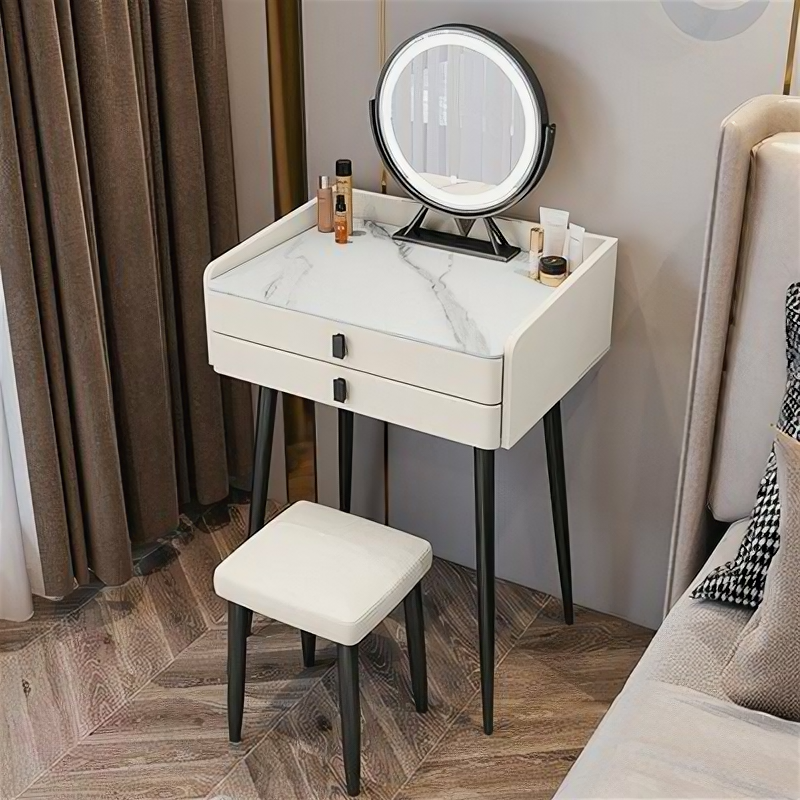 Небольшой туалетный столик 50 см из цельного дерева с керамической столешницей, зеркалом и табуретом (белый столик + умное зеркало - без табурета) - фотография № 1