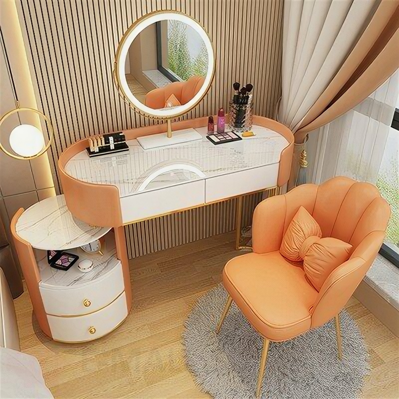 Туалетный столик 100 см овальный с мраморной столешницей, тумбой, зеркалом и стулом (оранжевый столик + тумба + умное зеркало + оранжевый стул) - фотография № 1