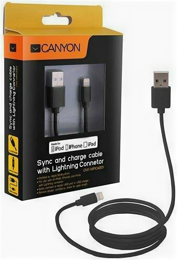 Кабель Lightning USB 1м Canyon CNS-MFICAB01B круглый черный