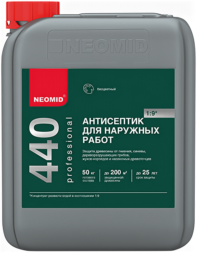 Антисептик для Наружных Работ Neomid 440 ECO 1л Концентрат (1:9) Бесцветный Срок Службы 25 Лет / Неомид 440.