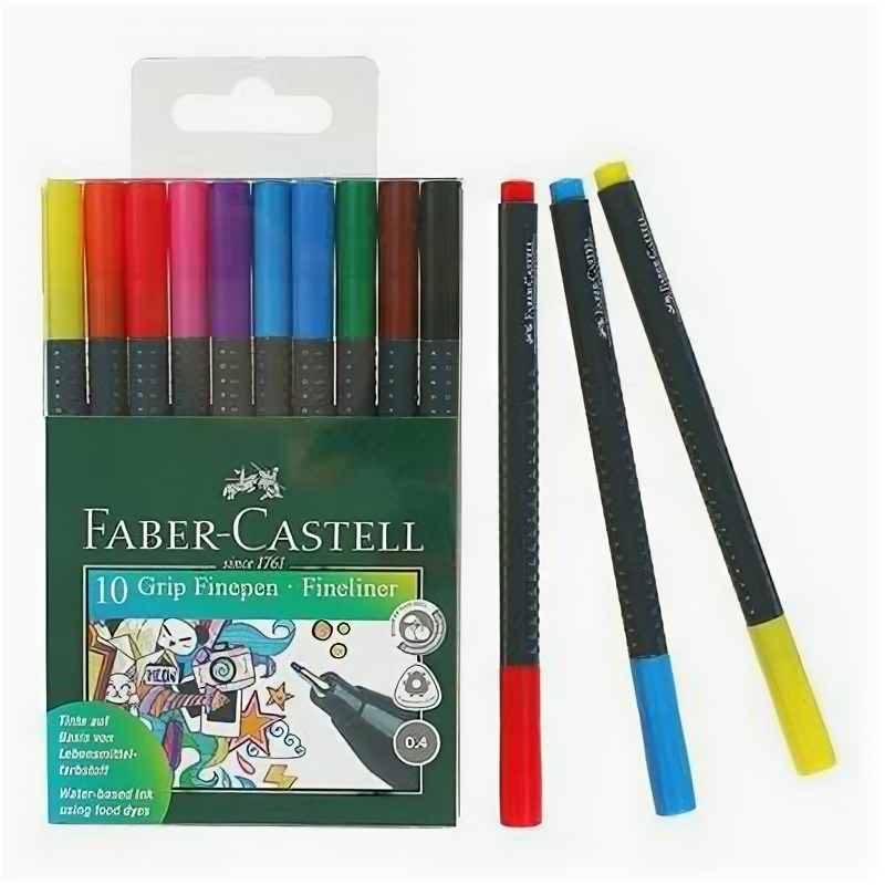 Набор ручек капиллярных 10 цветов Faber-Castell Grip 0.4 мм в пластиковом футляре 151610 Faber-caste