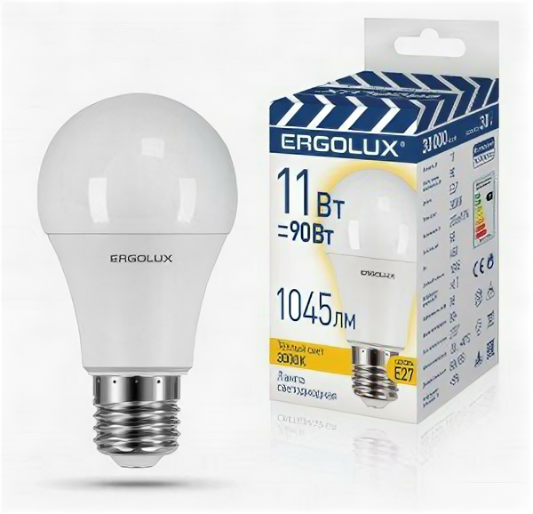 Светодиодная LED лампа Ergolux ЛОН A60 E27 11W(1045lm 270°) 3000K 2K матовая 106x60 пластик/алюм. LED-A60-11W-E27-3K