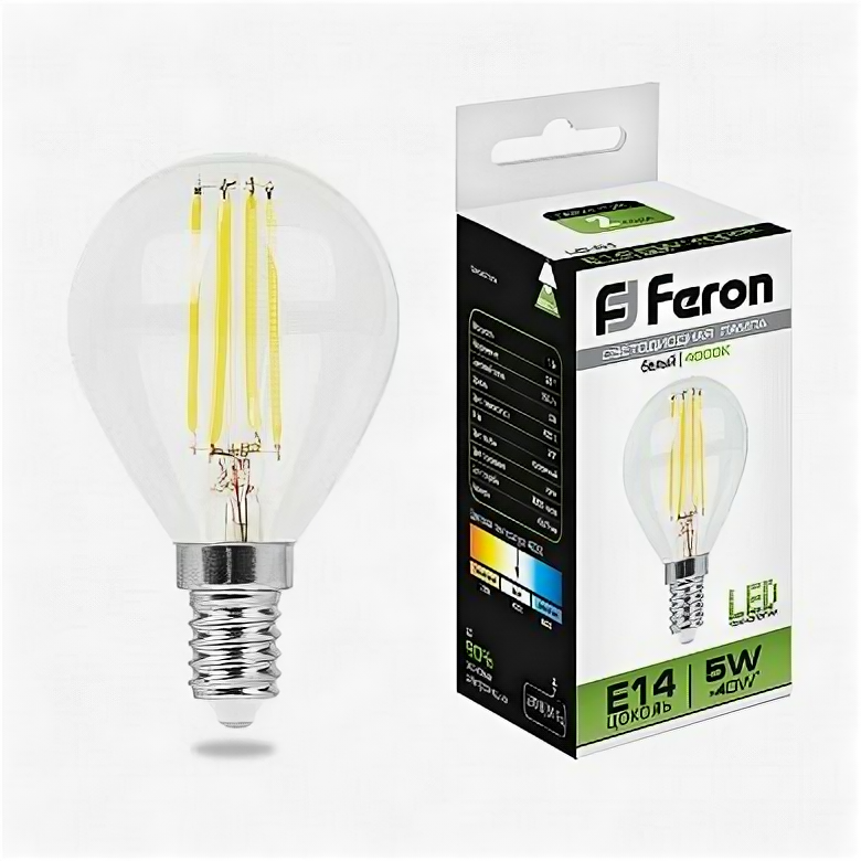 Feron LB-61 Лампа светодиодная филамент, G45 (шар малый), 5W 230V E14 4000К 1 шт.