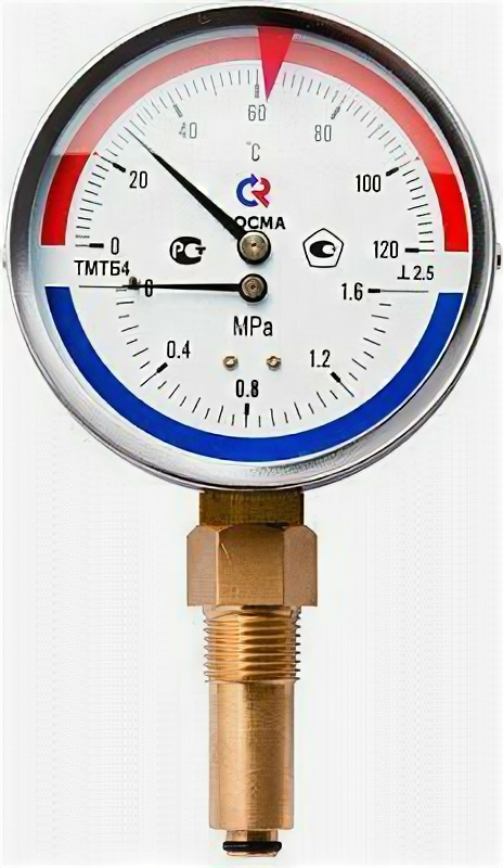 Термоманометр Росма ТМТБ-3, D-80мм, 0-150С*, 1,6 МПа, G1/2, осевой с клапаном, L=46