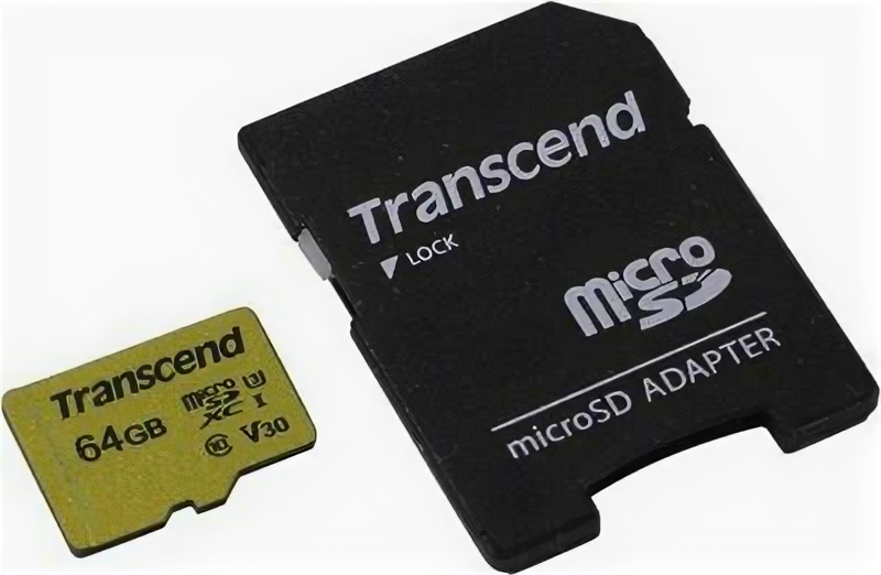 Transcend (ts64gusd500s) microSDXC Memory Card 64Gb Uhs-i U3 V30 + microSD--)SD Adapter .