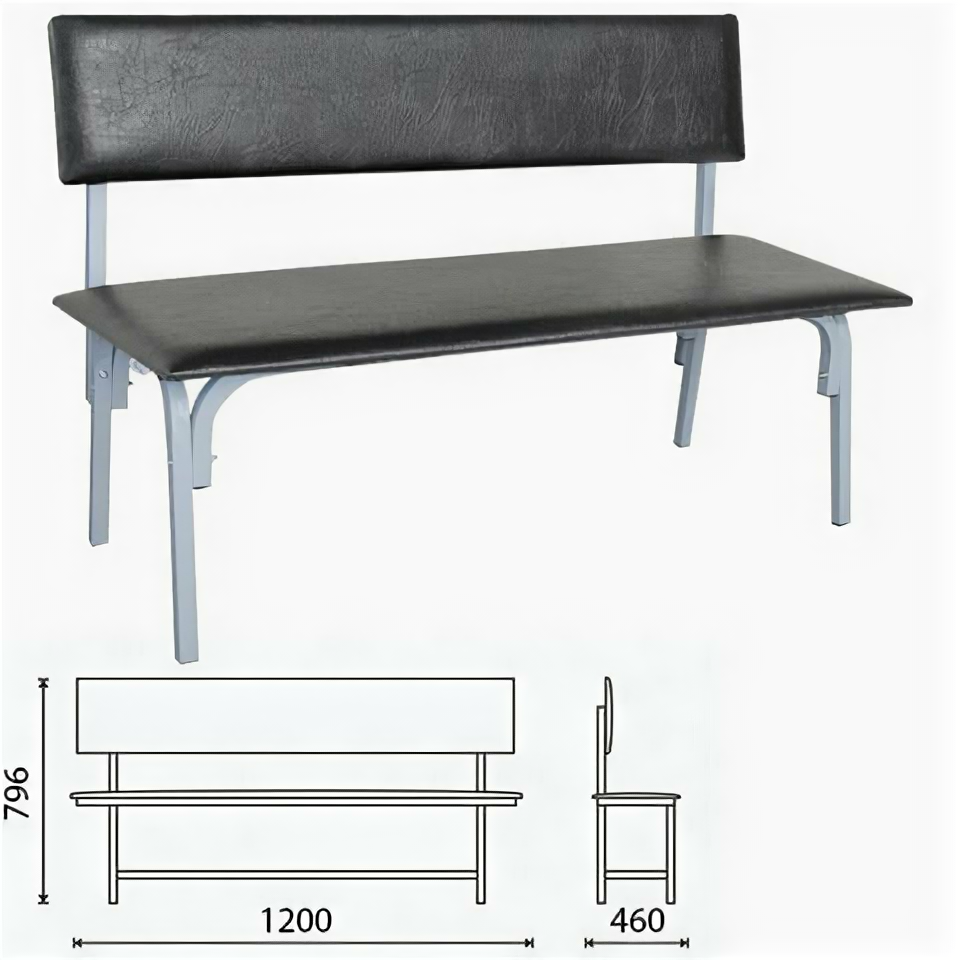Банкетка со спинкой "Астрид", 1200х470х796 мм, серый каркас, кожзам черный