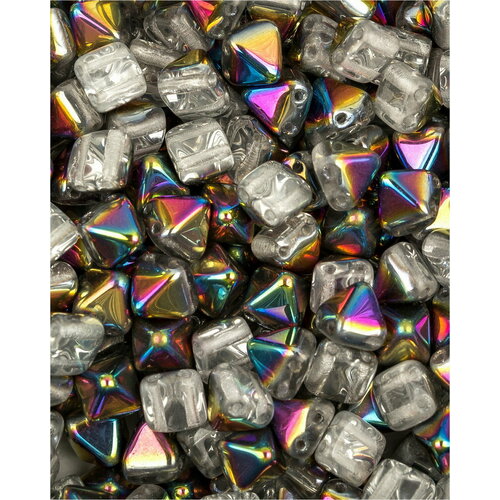 Стеклянные чешские бусины с двумя отверстиями, Pyramid beads 2-hole, 6 мм, цвет Crystal Vitrail, 10 шт.