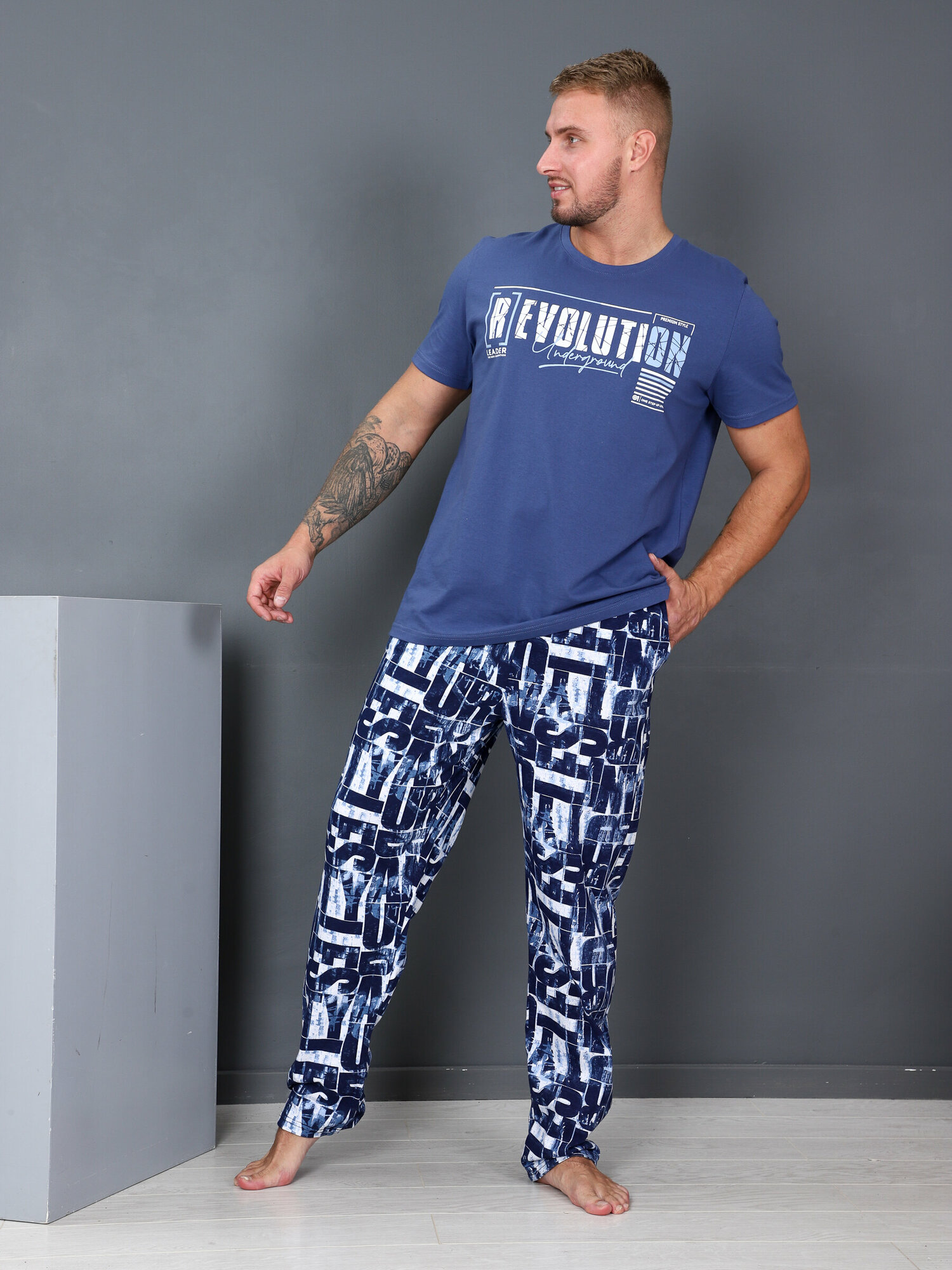 Костюм мужской с брюками домашний больших размеров Революция-man синий IvCapriz 60 - фотография № 8